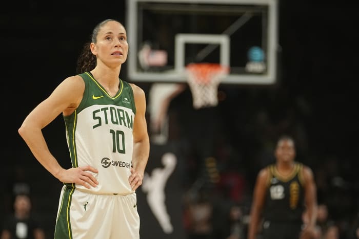 Storm guard Sue Bird on the court against the Las Vegas Aces.